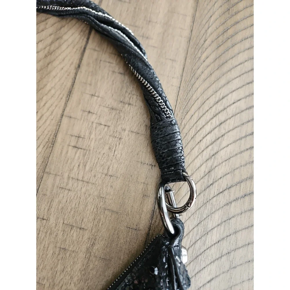 Michael Kors Hobo Bag Black Leather Snakeskin Print Studded Metallic Chain Edgy